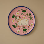 A traditional Pichwai lotus pond (Kamal Talai) design on a wooden wall hanging, ideal for a home Mandir or as a handmade Indian wedding gift.