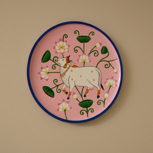 A traditional Pichwai lotus pond (Kamal Talai) design on a wooden wall hanging, ideal for a home Mandir or as a handmade Indian wedding gift.