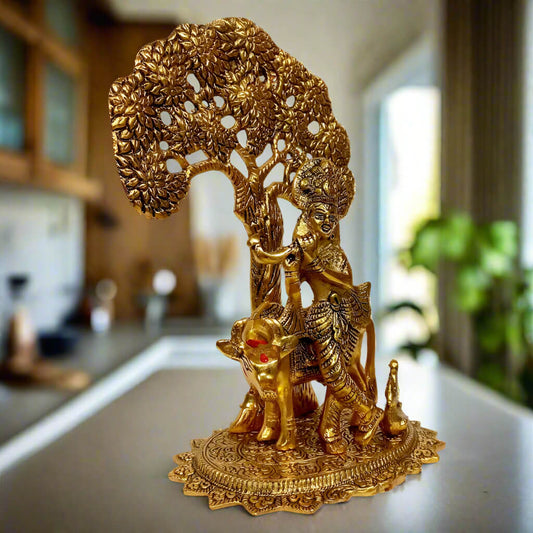 Traditional Indian Krishna murti with cow and tree – antique finish spiritual idol.