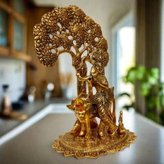 Traditional Indian Krishna murti with cow and tree – antique finish spiritual idol.