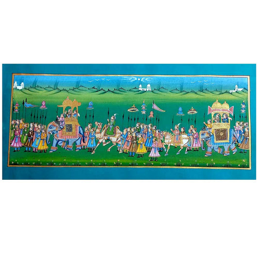 A hand-painted traditional Indian wedding art piece on silk, perfect for elegant home decor.
