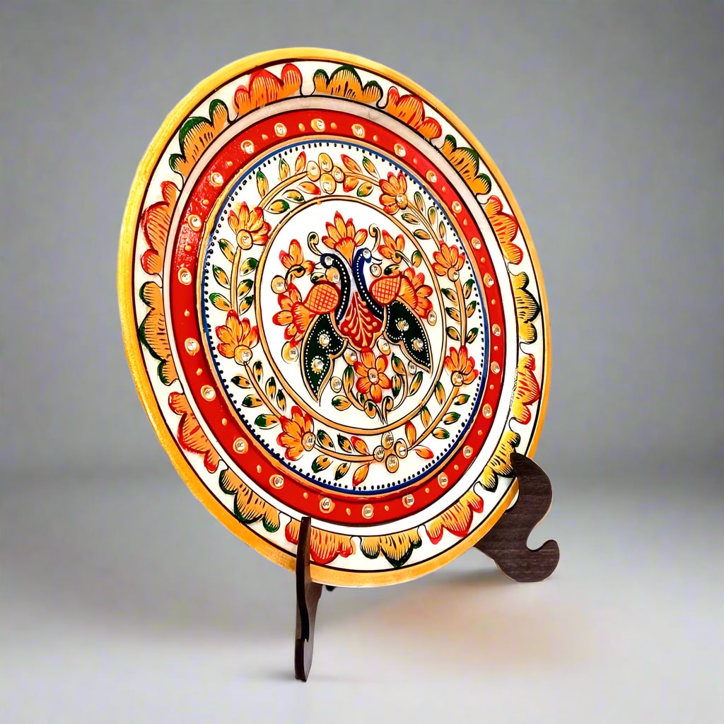 Exquisite marble plate adorned with hand-painted floral motifs and embossed details, paired with velvet packaging and a wooden stand for elegant display.