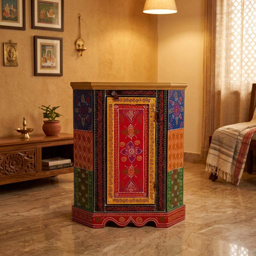Traditional multicolour wooden corner cabinet displayed in a warm-toned room, featuring floral artwork and a curved decorative base
