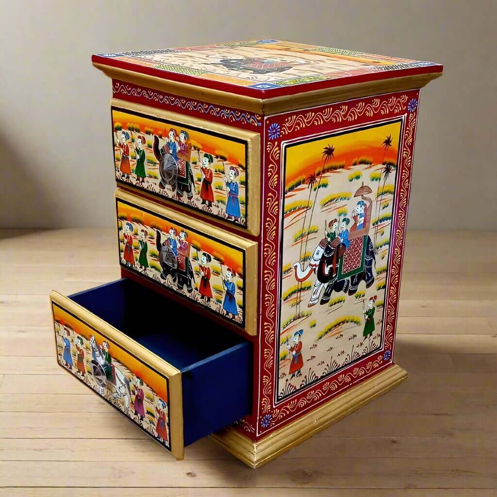 Traditional Rajasthani wooden chest of drawers with marriage procession painting
