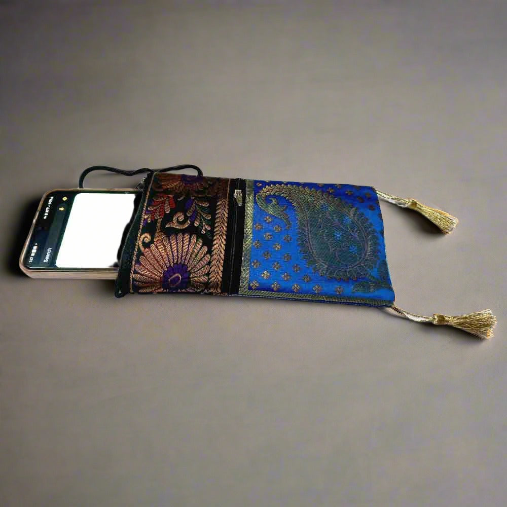 Designer silk mobile holder with compartments for essentials, travel-friendly pouch
