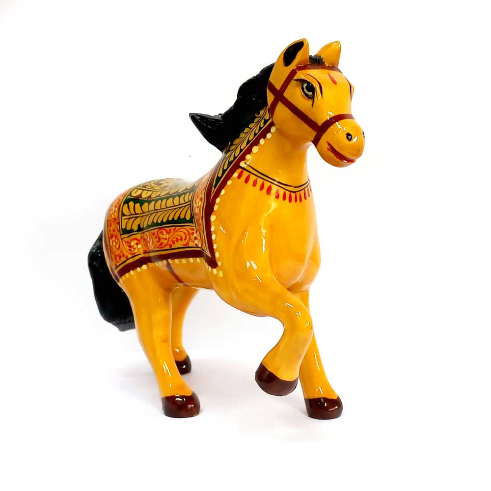 raditional wooden horse figurine in walking posture, ideal for decor.