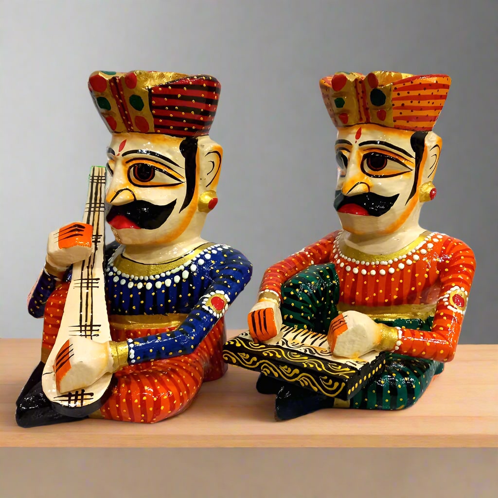 Artisan-made wooden folk musician statues from Rajasthan – cultural home decor