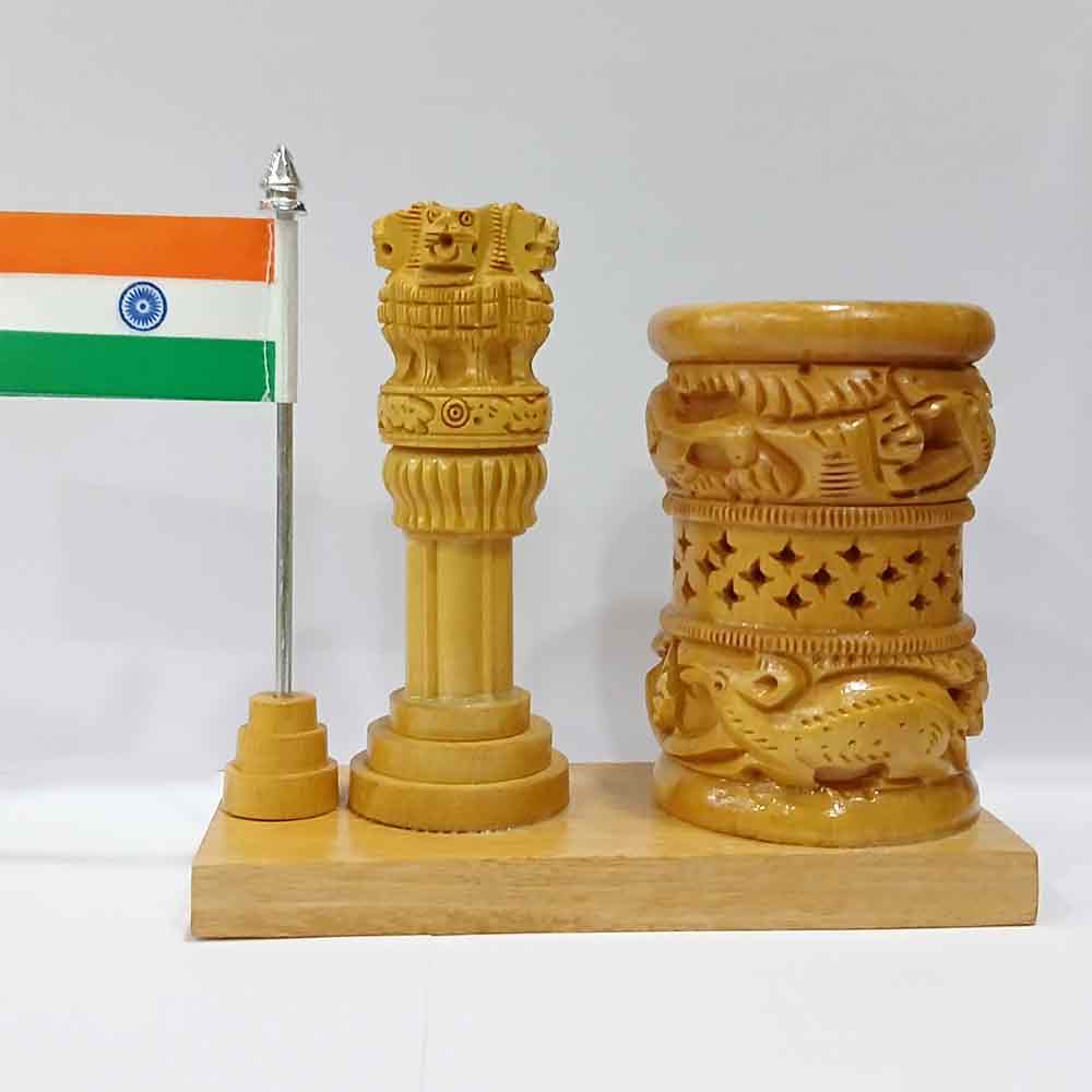 A tri-color Indian flag pen stand, a thoughtful and patriotic gift.