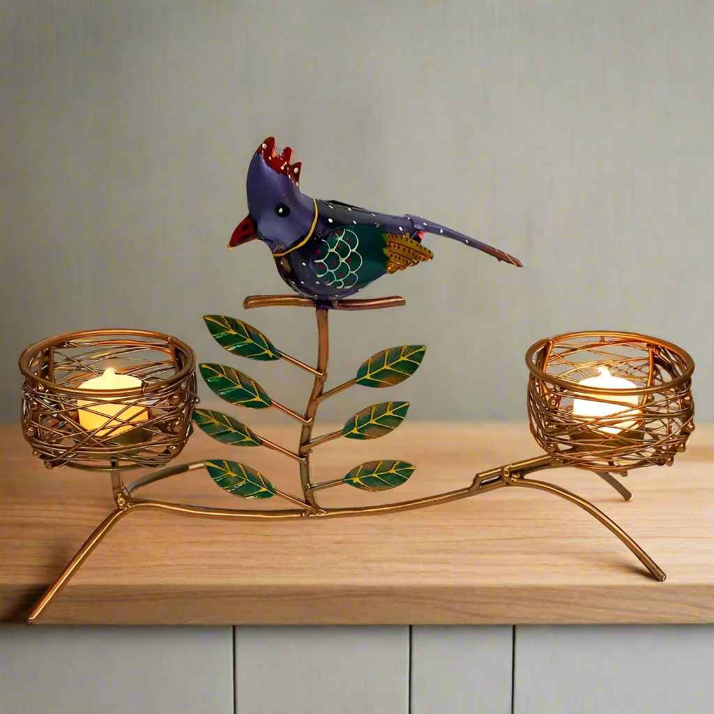 Twin Tea Light Candle Holder with Nesting Sparrow Motif – Hand-Painted Metal Showpiece for Home Décor & Gifting