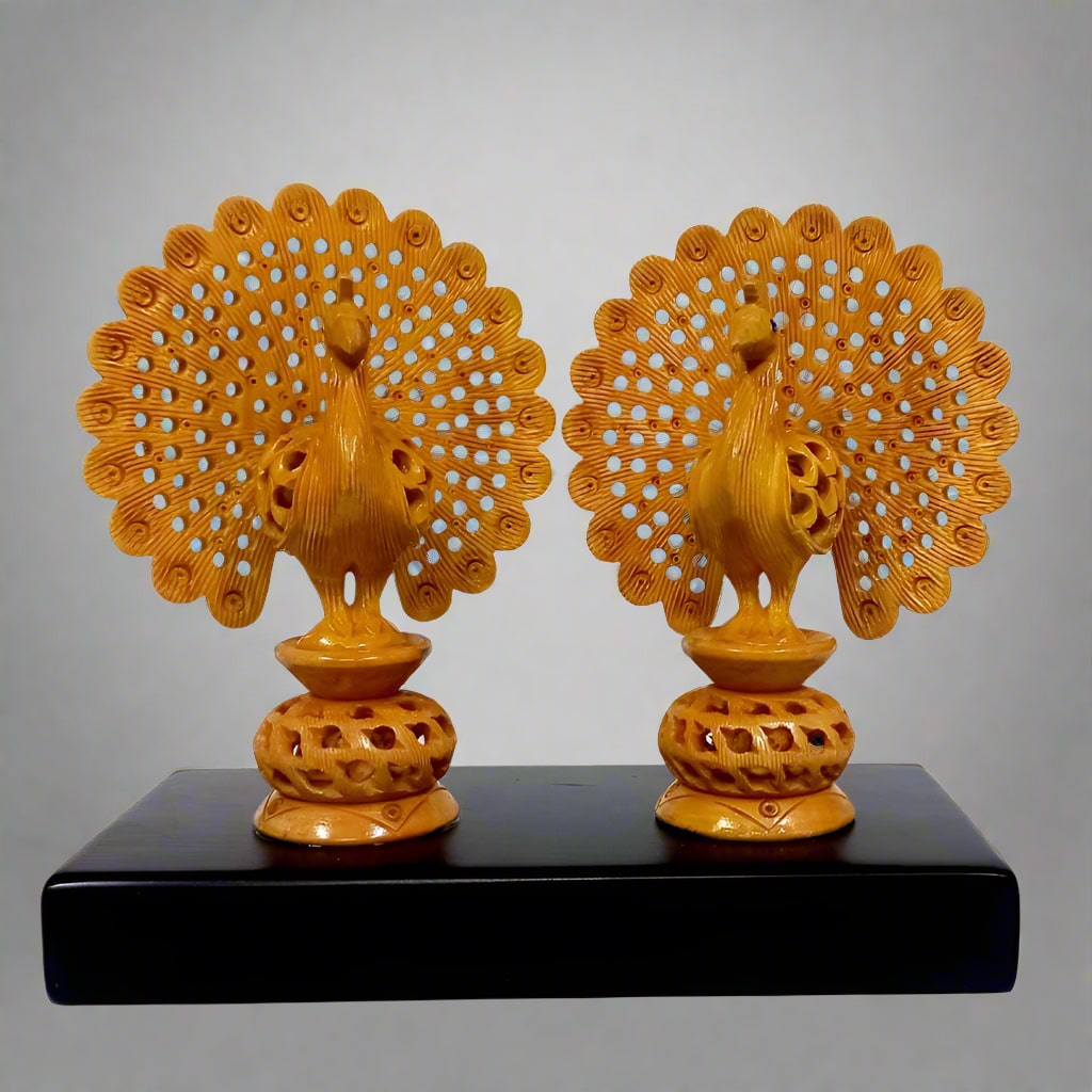 Handcrafted wooden two dancing peacocks statue on platform – exotic home decor