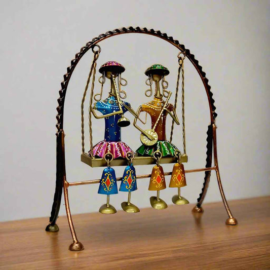 Colorful Metal Wall Hanging with Two Dolls on Swing – Folk Art Style