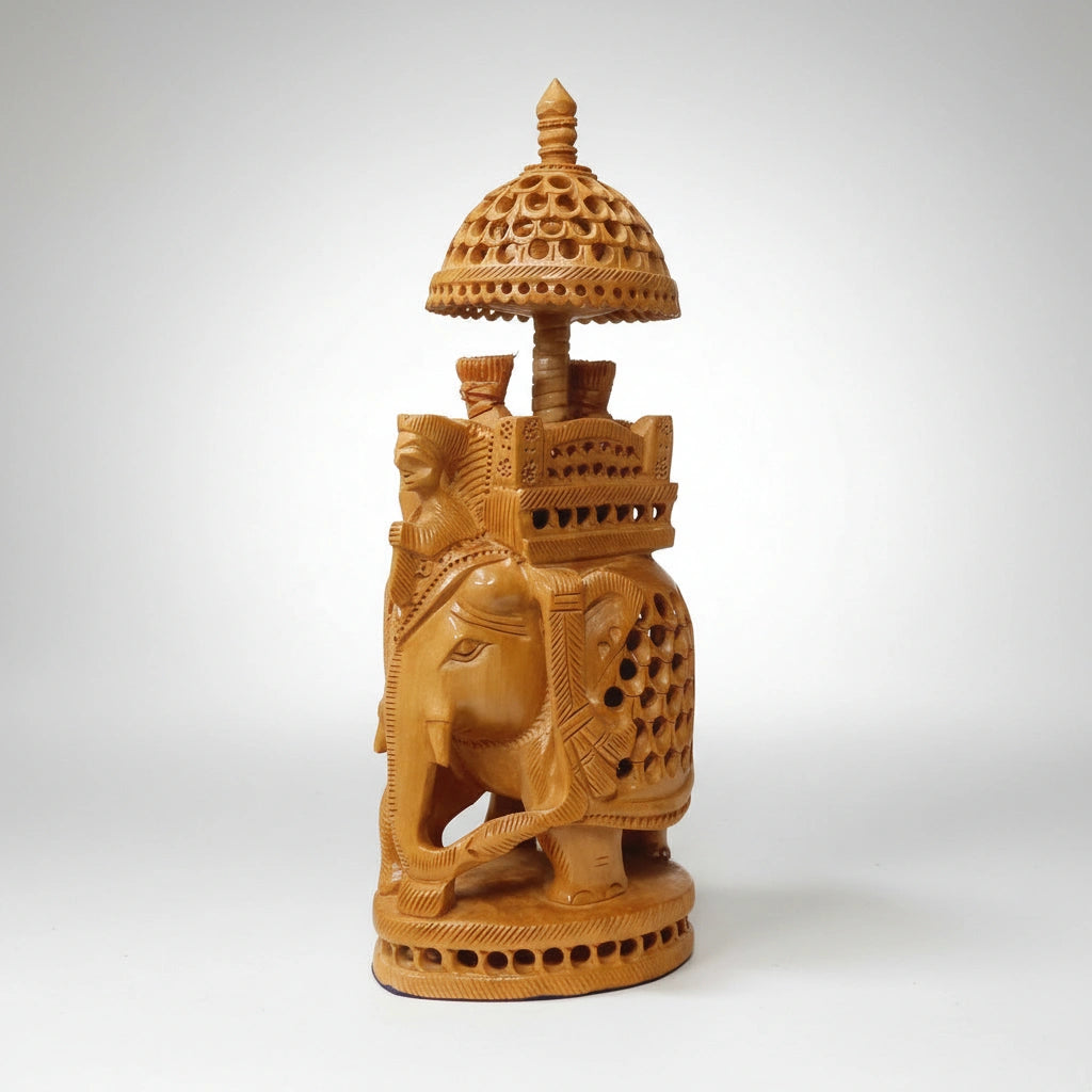 Close-up of the meticulous jali work showcasing the hollow interior of a single-piece wood carving.