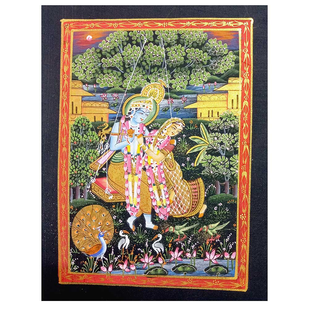 A beautiful unframed silk painting of Radha and Krishna, a spiritual decor piece for your home.