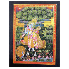 A beautiful unframed silk painting of Radha and Krishna, a spiritual decor piece for your home.