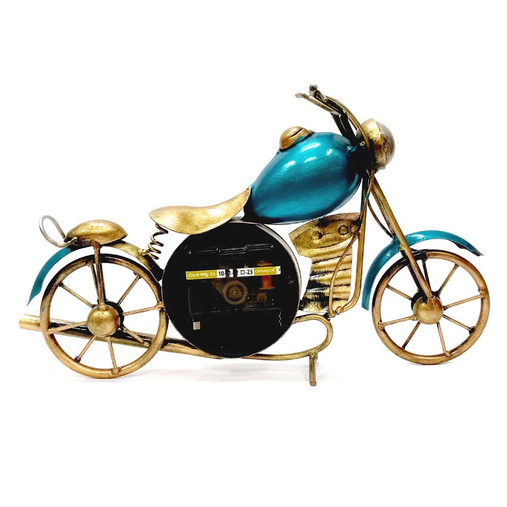 A unique motorcycle-shaped clock, a nice antique gift item for a housewarming or anniversary.