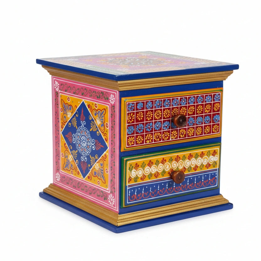12-inch vibrant hand-painted wooden box with 2 drawers for ethnic home storage.
