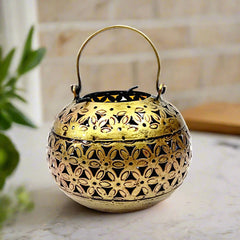 Vintage style antique metal candle holder with golden oxidized polish, featuring a round mesh pattern.