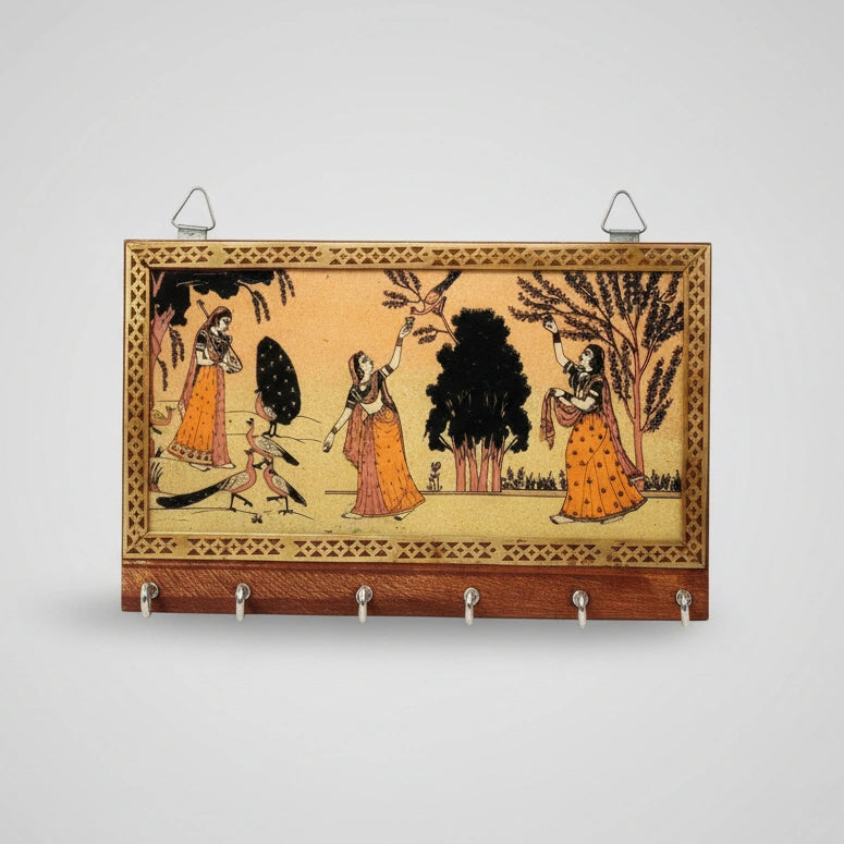 Traditional wooden key holder hanging on a wall, organizing keys with beautiful lady portrait artwork.
