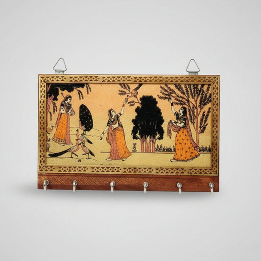 Traditional wooden key holder hanging on a wall, organizing keys with beautiful lady portrait artwork.