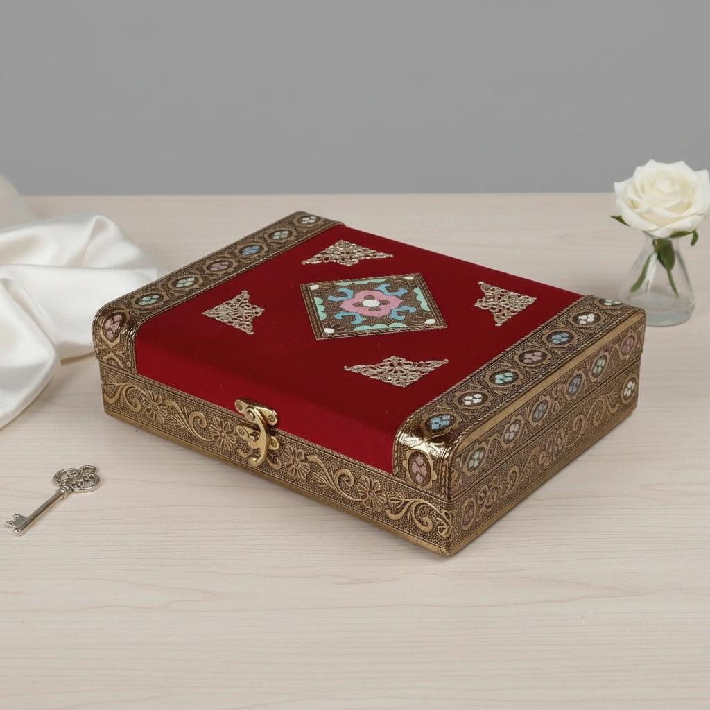 Handcrafted golden embossed wooden box with red velvet top, ideal for wedding return gifts and festive dry fruit gifting.