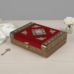 Handcrafted golden embossed wooden box with red velvet top, ideal for wedding return gifts and festive dry fruit gifting.