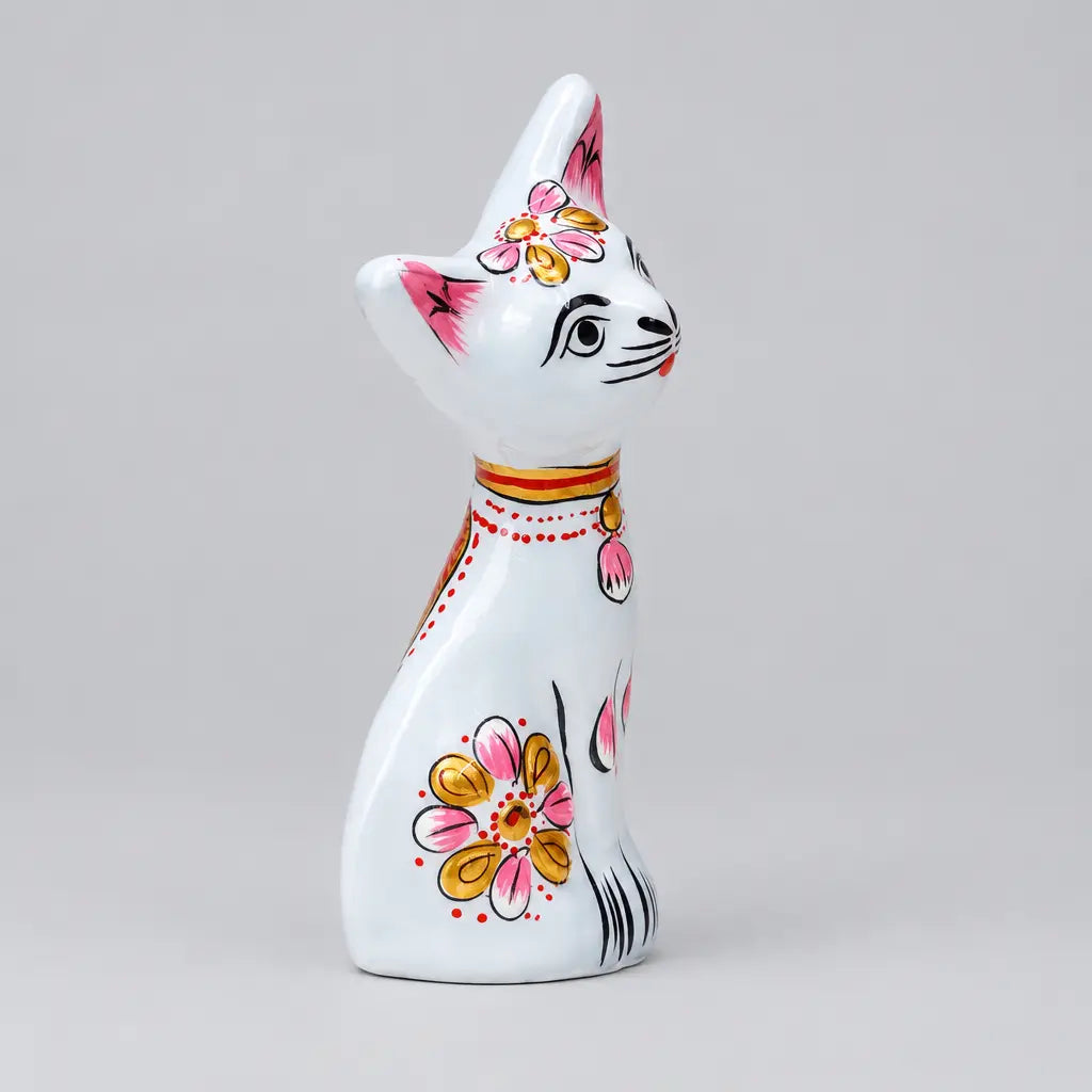 White Meenakari metal cat showpiece with pink and gold floral decoration
