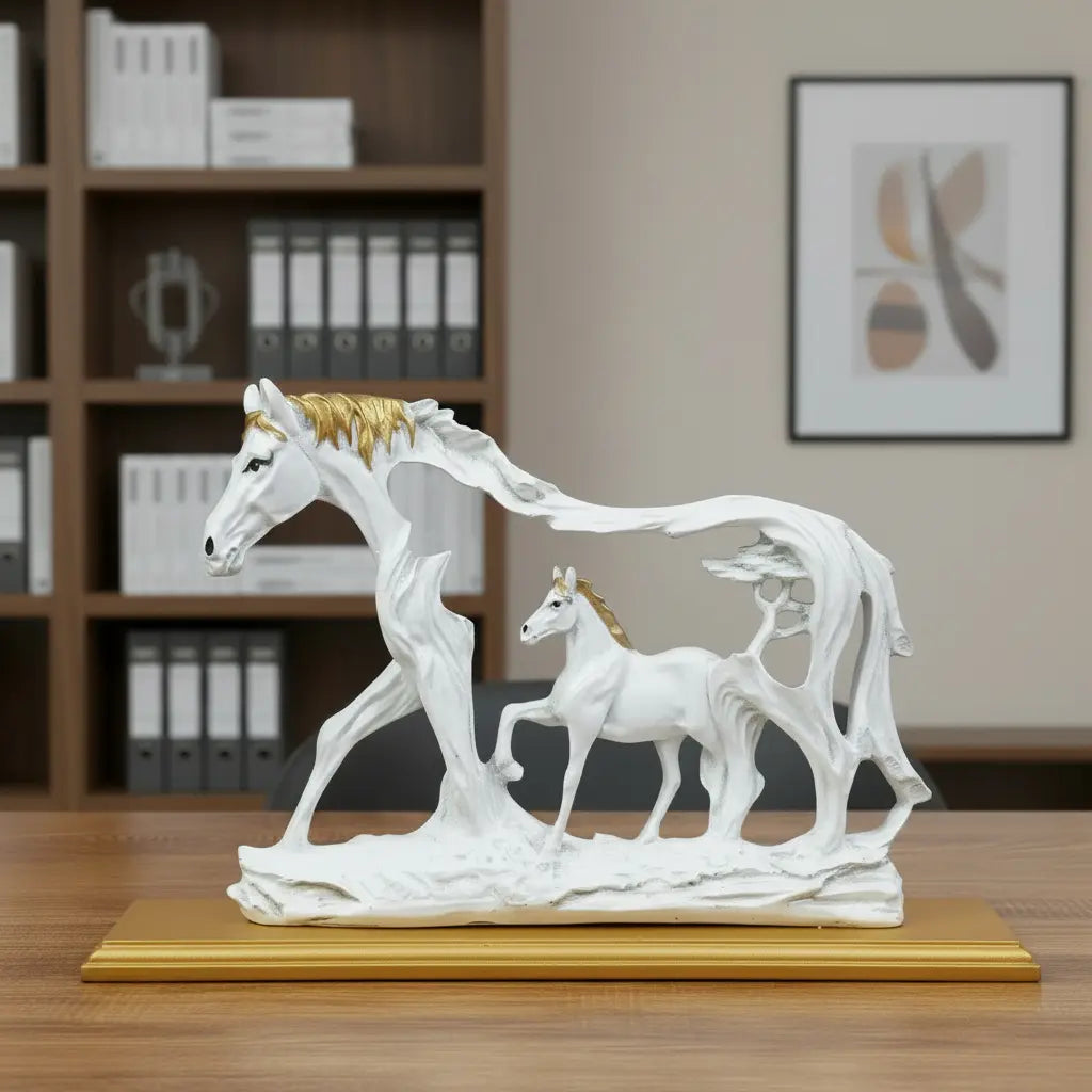 White and gold horse duo resin figurine with mare and foal on golden base
