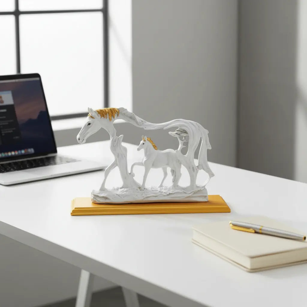 Side view of white resin horse pair figurine with gold accent detailing