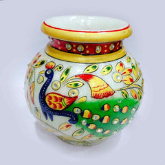 A white marble kalash pot, traditionally used for storing Gangajal holy water.