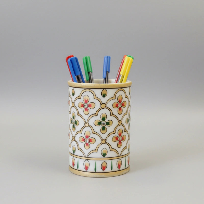 Premium white marble pen holder with multi-colored embossed hand-painted patterns, designed for luxury office desk organization.