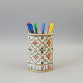 Premium white marble pen holder with multi-colored embossed hand-painted patterns, designed for luxury office desk organization.