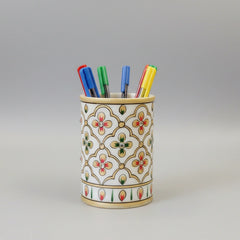 Premium white marble pen holder with multi-colored embossed hand-painted patterns, designed for luxury office desk organization.
