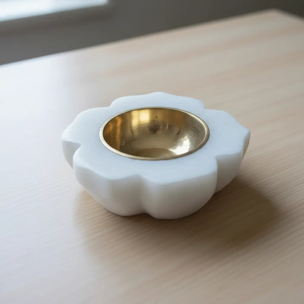 White Marble Tealight Holder with Polished Brass Bowl — Rounded Floral Design