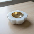White Marble Tealight Holder with Polished Brass Bowl — Rounded Floral Design