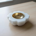 White Marble Tealight Holder with Polished Brass Bowl — Rounded Floral Design