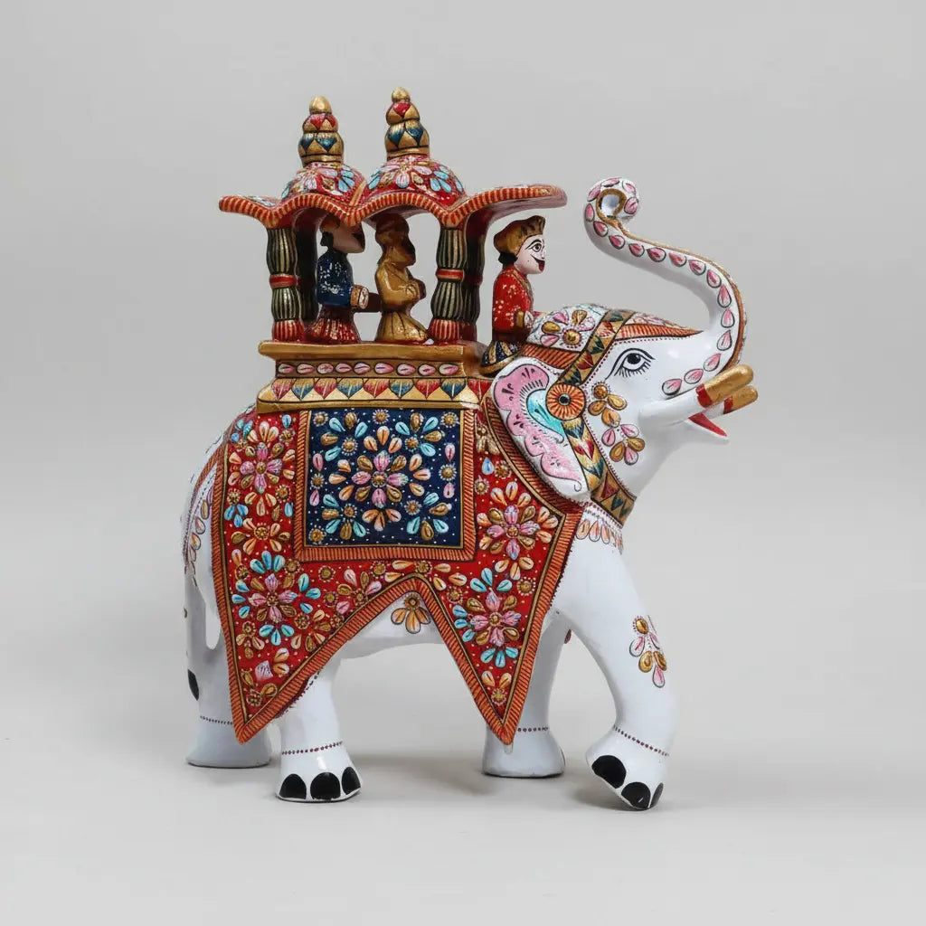 White Meenakari Ambabari Elephant Showpiece with Raja, Vazir and Mahavat, Handcrafted in Jaipur