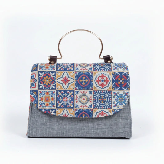 Women's floral embellished sling bag in high quality fabric with golden handle