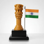Front view of wood Ashoka Pillar with carved lion capital and Indian tricolour flag on a black base