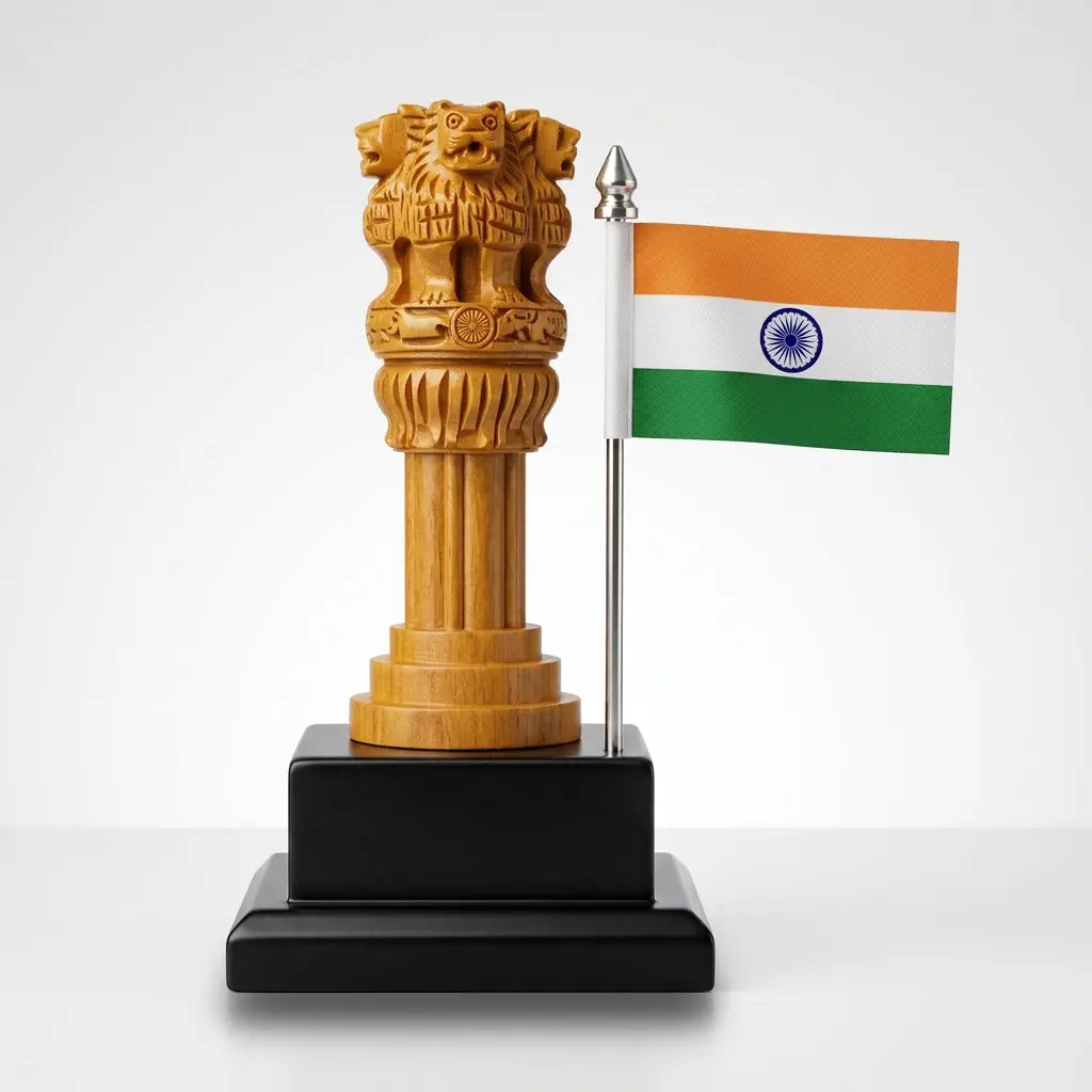 Front view of wood Ashoka Pillar with carved lion capital and Indian tricolour flag on a black base