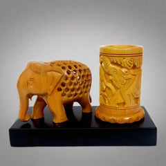 Decorative Pen Holder with Hand-Carved Elephant Statue – High-Quality Wooden Craft
