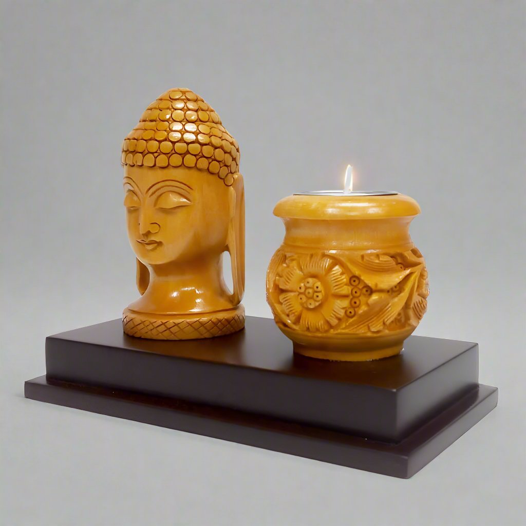 Wooden Buddha Figurine with Integrated Candle Holder – Handcrafted Spiritual Gift