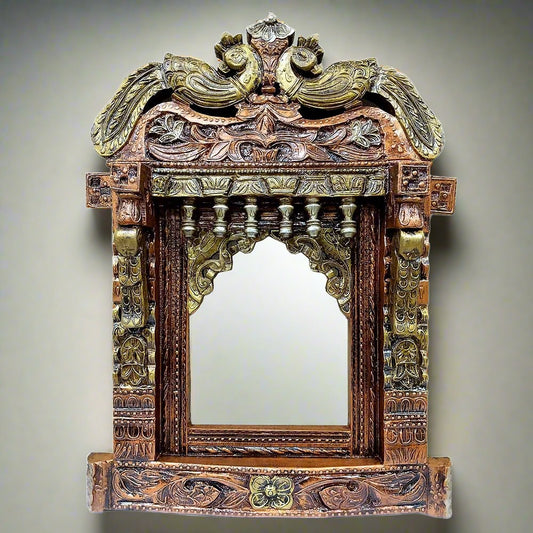 A hand-carved wooden Jharokha, perfect for use as a wall decor frame.