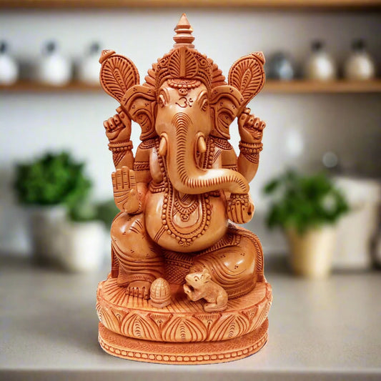 Handcrafted wood carving Lotus Ganesh idol for home temple and gifting.