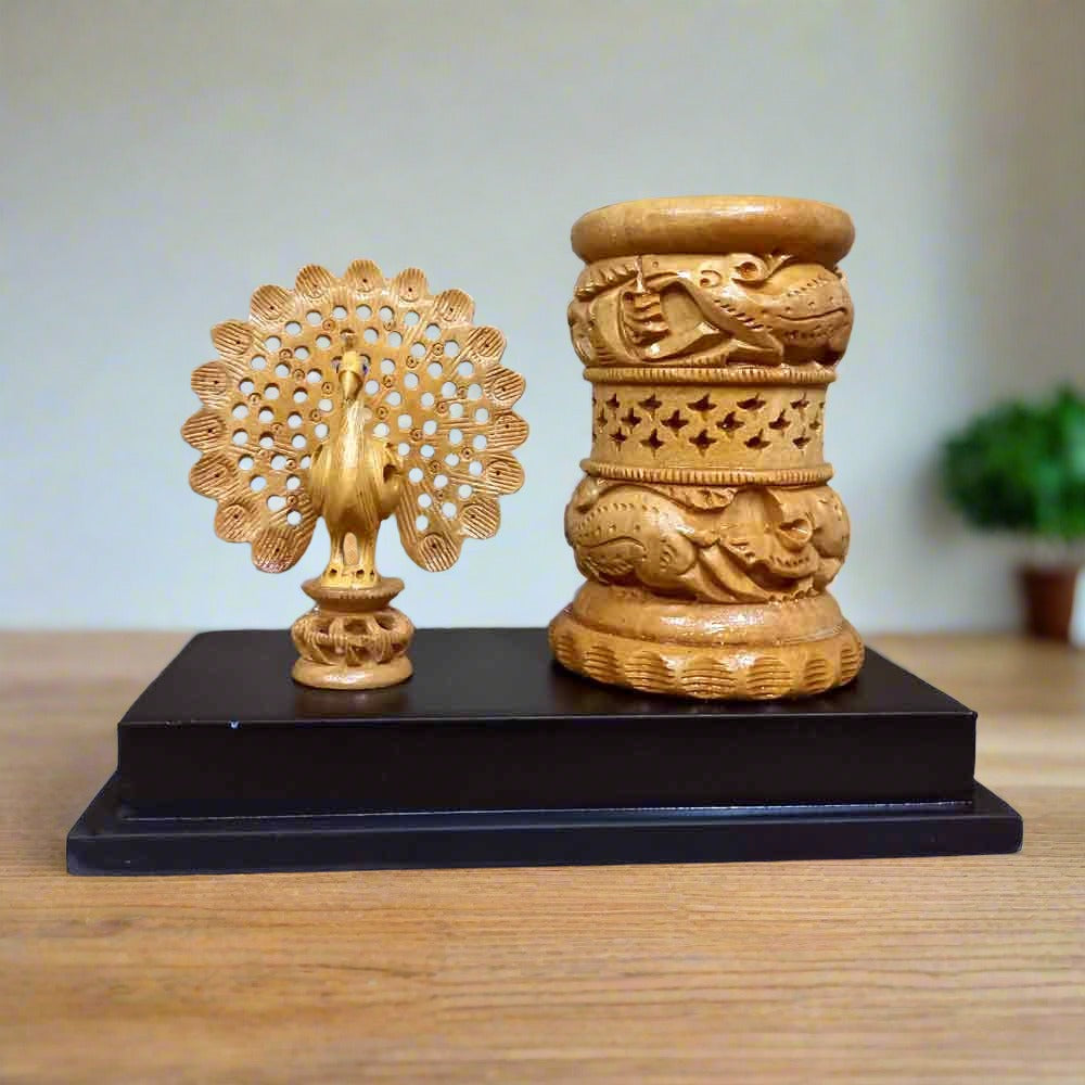 Handcrafted wooden pen holder with elegant peacock carving, artistic desk accessory