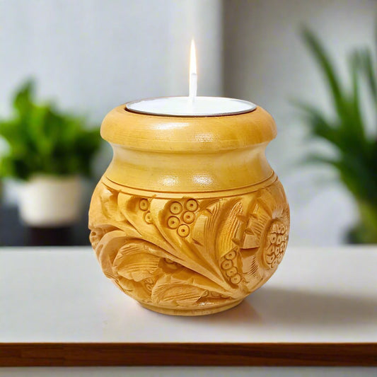 Hand-carved wooden pot-shaped tea light candle holder for home decor