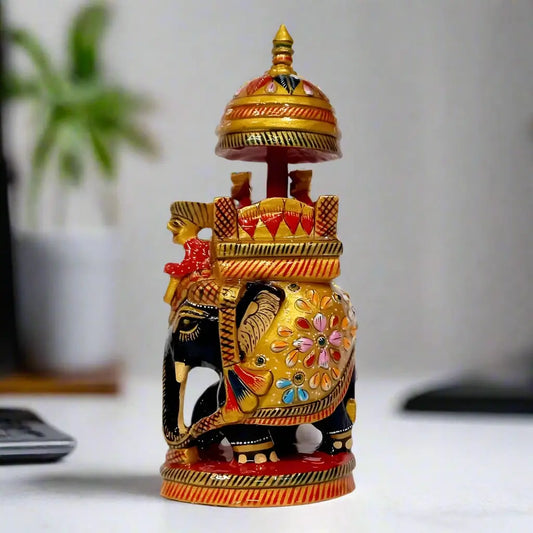 Wooden Ambabari Elephant in black and golden with embossed floral painting.