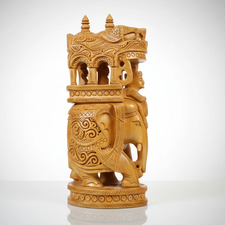 Hand-carved wooden Ambari elephant idol featuring a detailed royal Howdah.