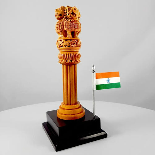 Wooden Ashok Stambh with Indian national flag for office table and study decor