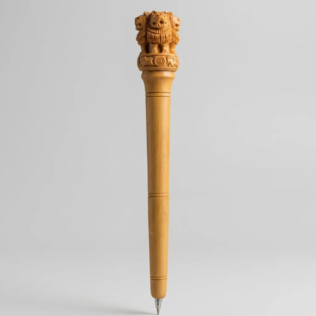 Wooden Ashoka emblem pen showing carved lions and wheel details around the decorative top