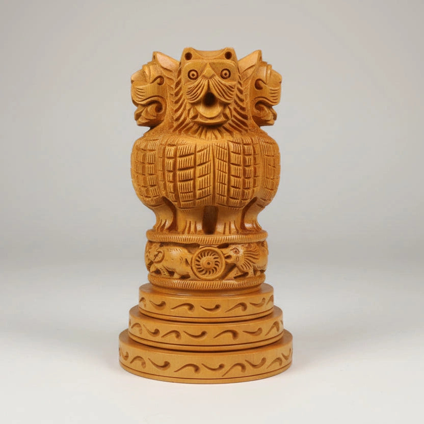 Handcrafted wooden Ashoka pillar statue with 4 lions national emblem